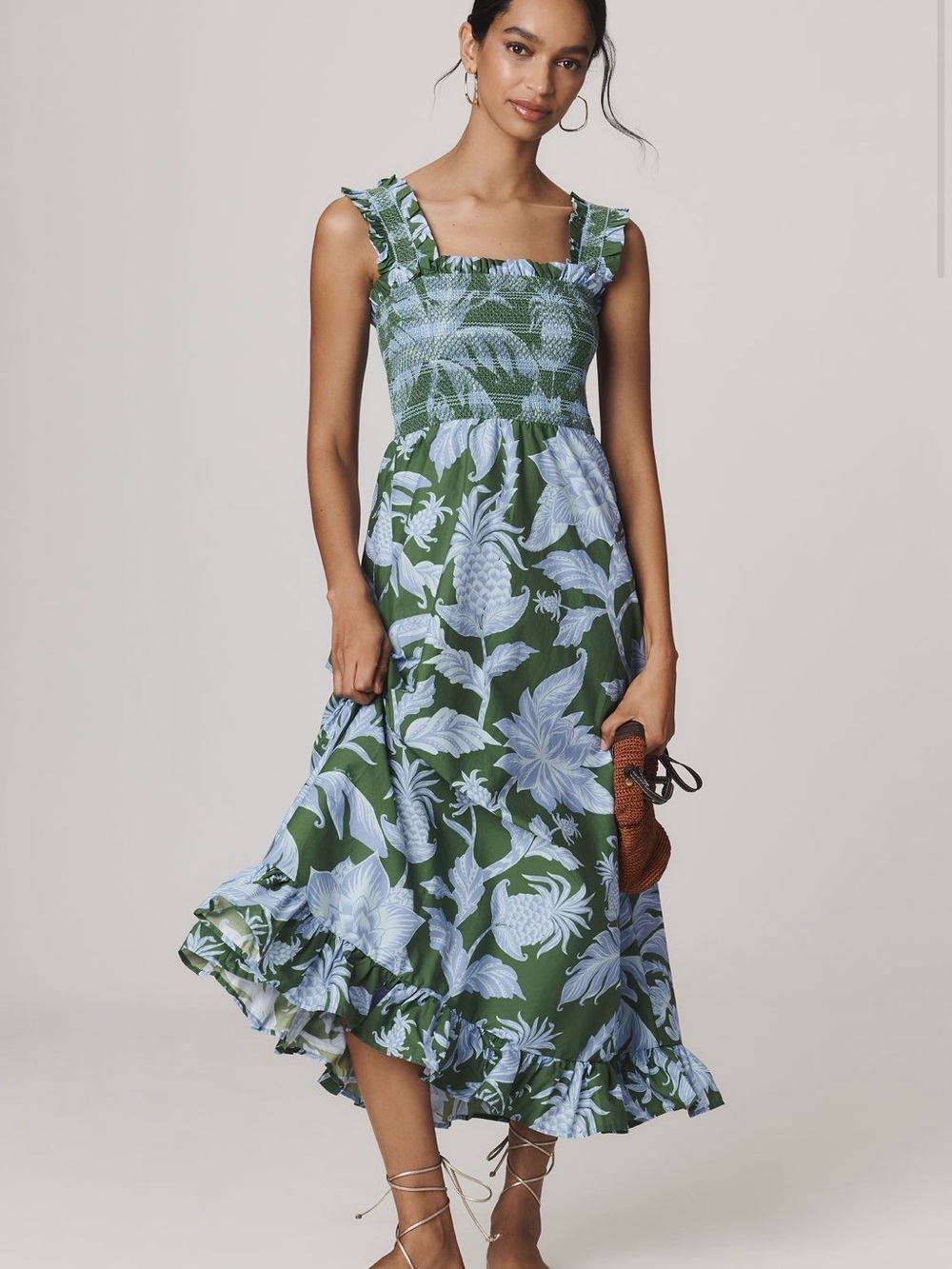 FARM Rio Tropical Swing smocked  Green  Dress with Light Blue Floral Print M
